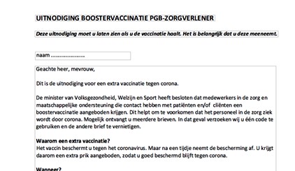Uitnodiging Boostervaccinatie PGB zorgverlener